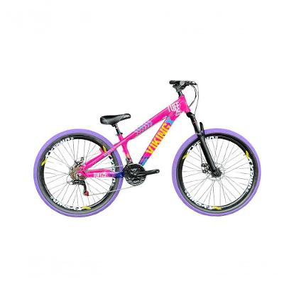 Bicicleta Aro 26 Vikingx Rosa Azul Câmbios Shimanos Pneu Roxo