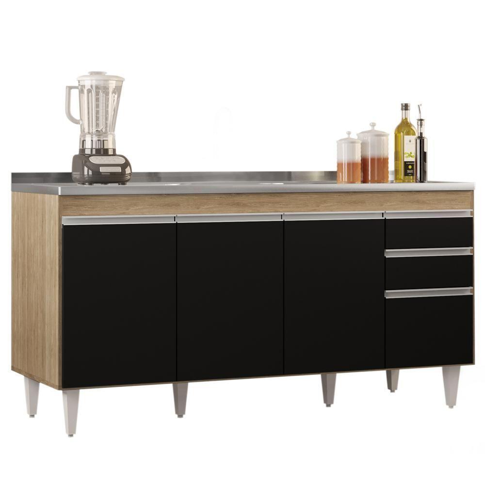 Balcão Gabinete Com Pia Inox 160cm Arkansas Castanho-preto - Lumil - 1