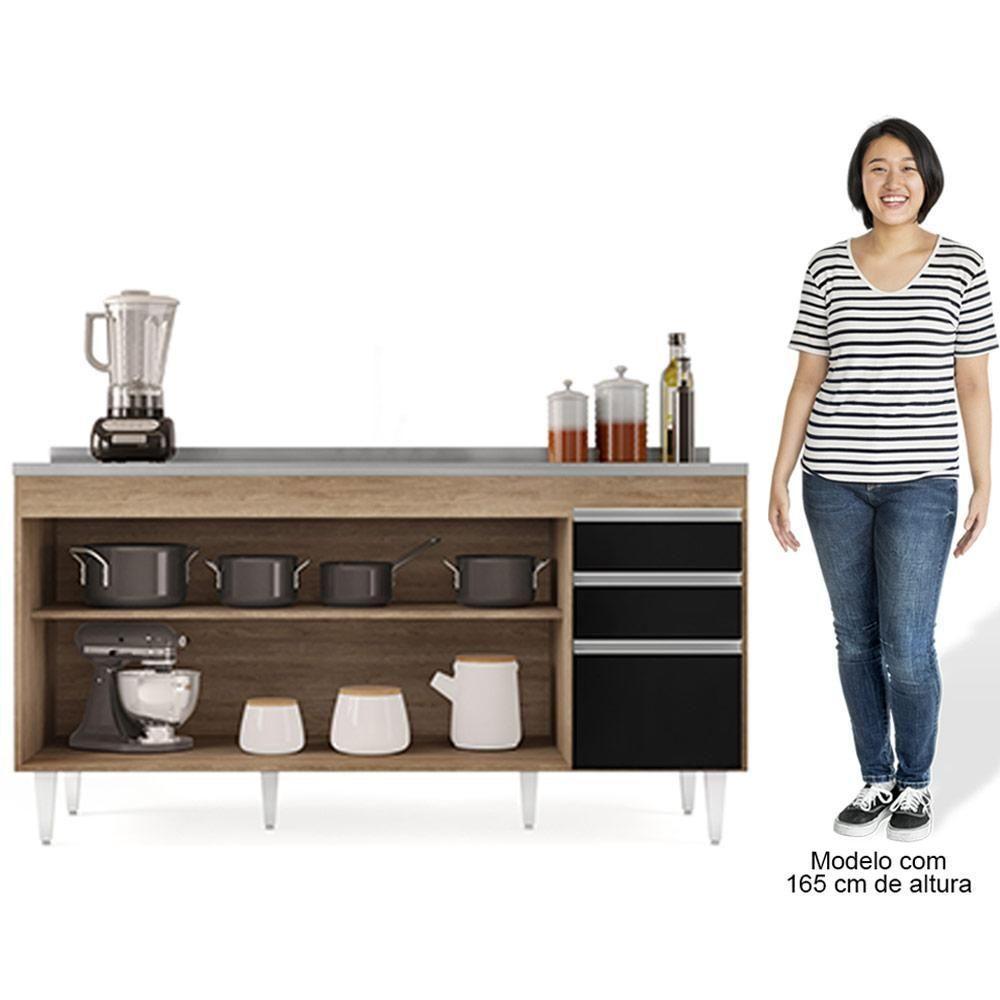 Balcão Gabinete Com Pia Inox 160cm Arkansas Castanho-preto - Lumil - 5