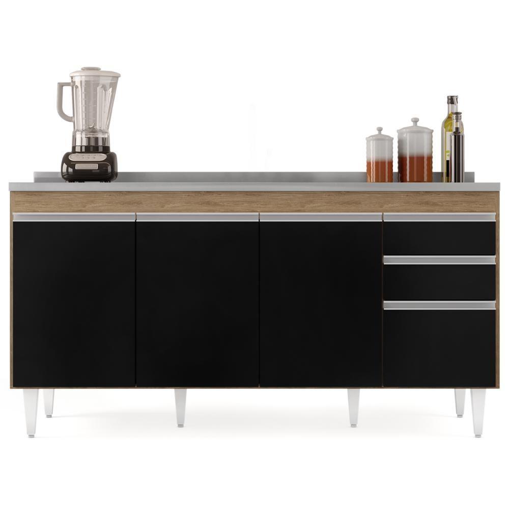 Balcão Gabinete Com Pia Inox 160cm Arkansas Castanho-preto - Lumil - 7