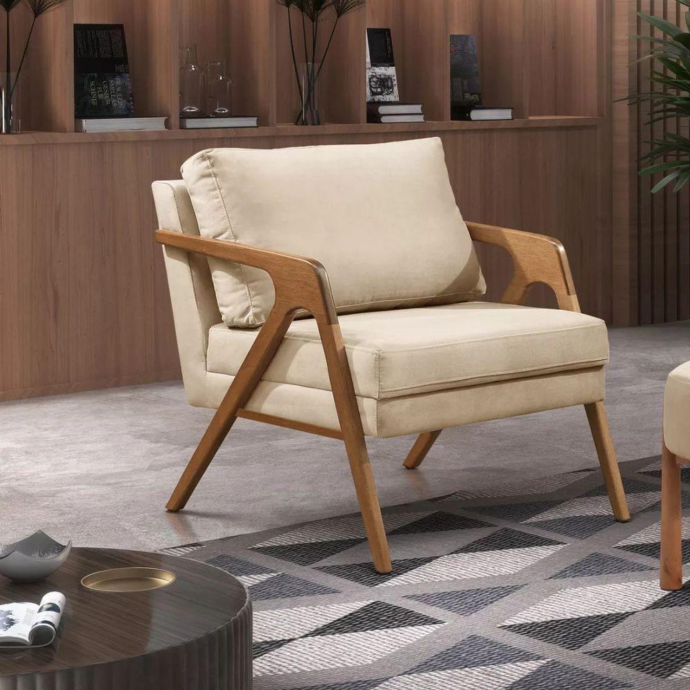 Poltrona Mona Linho Bege Sofisticado Sala Pé Madeira Maciça - 7