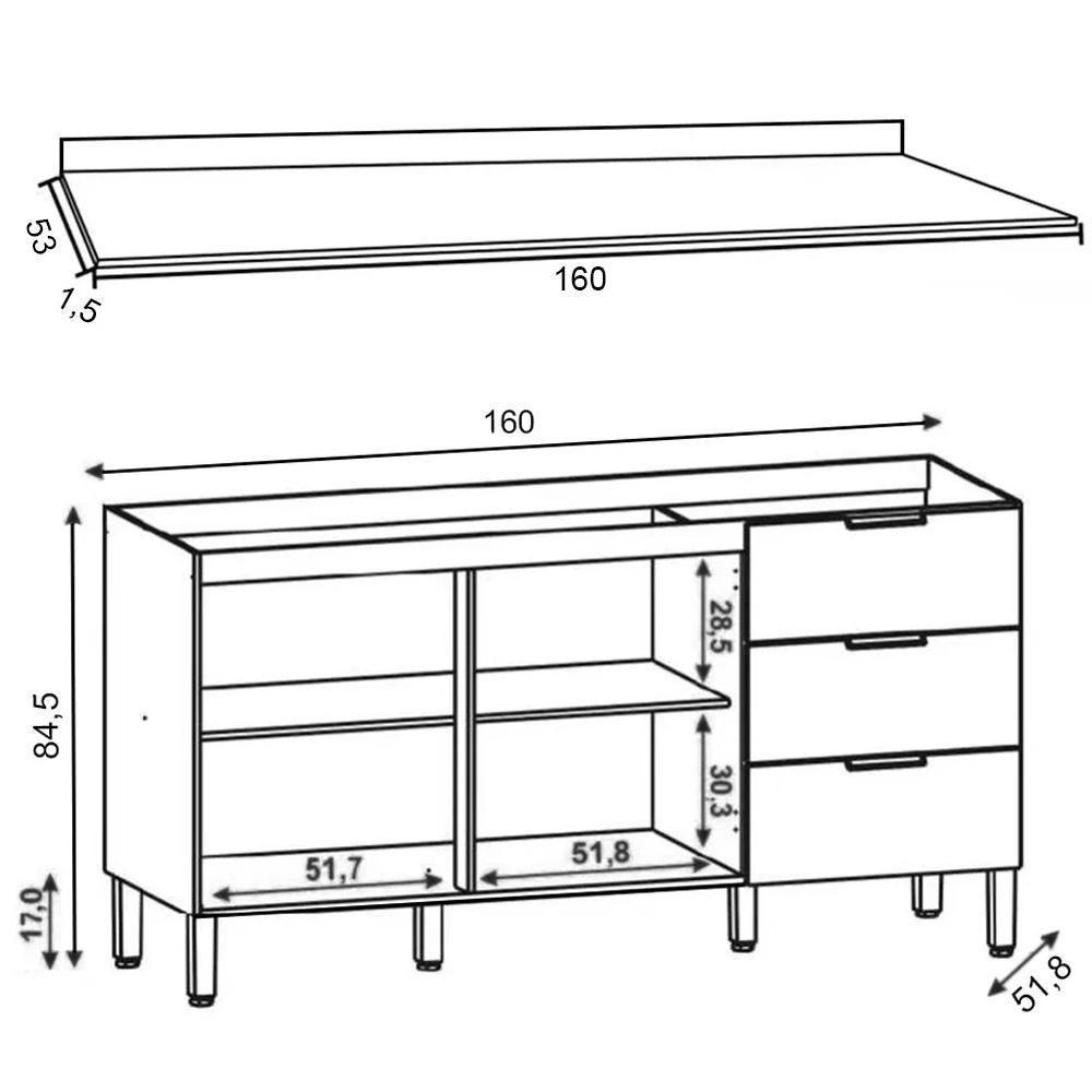 Balcão Gabinete Para Pia Com Tampo 160cm Charm K02 Freijó - Mpozenato - 4