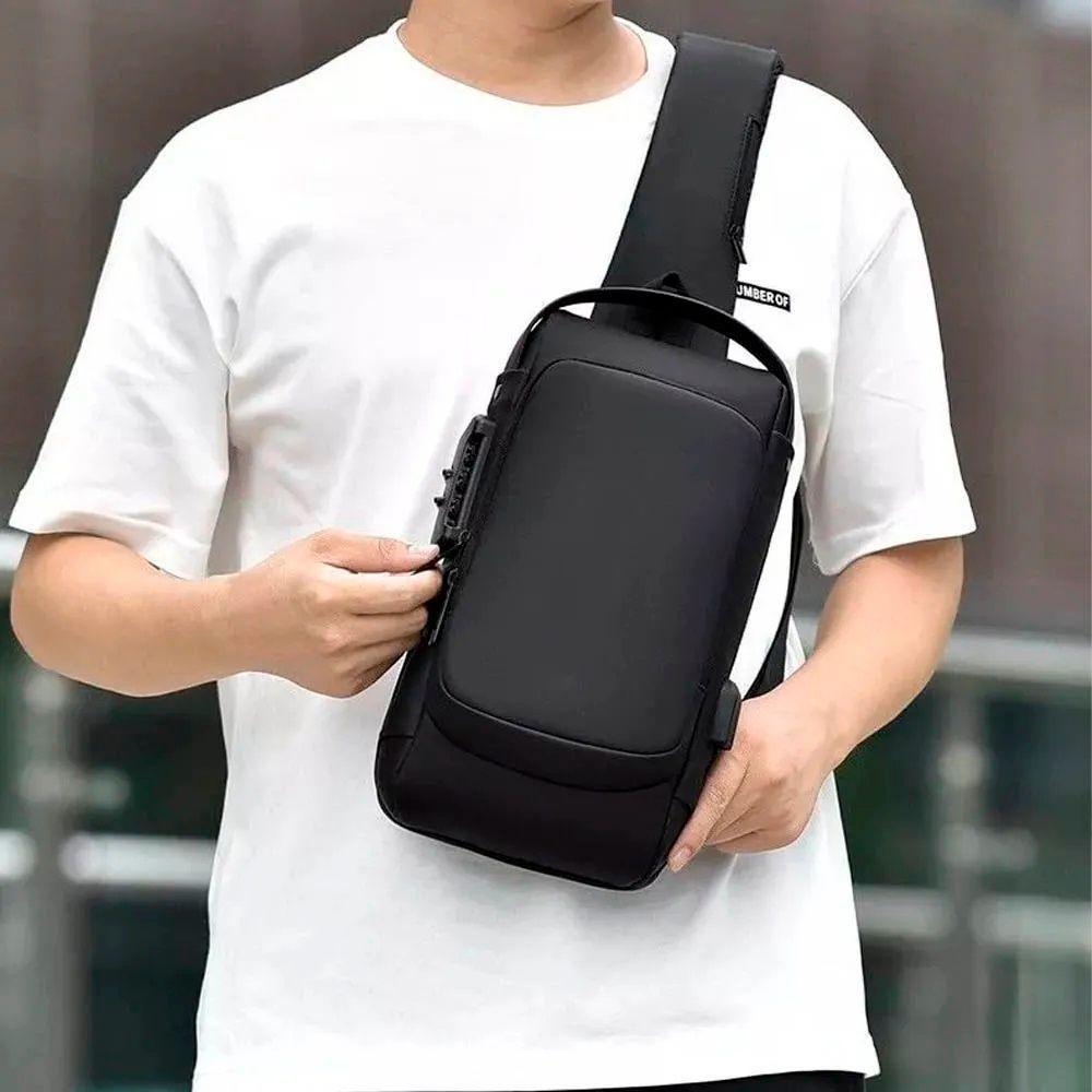 Mochila Anti Furto Transversal Cadeado Com Senha Saida Carregador Usb Resistente A Agua Preto - 3