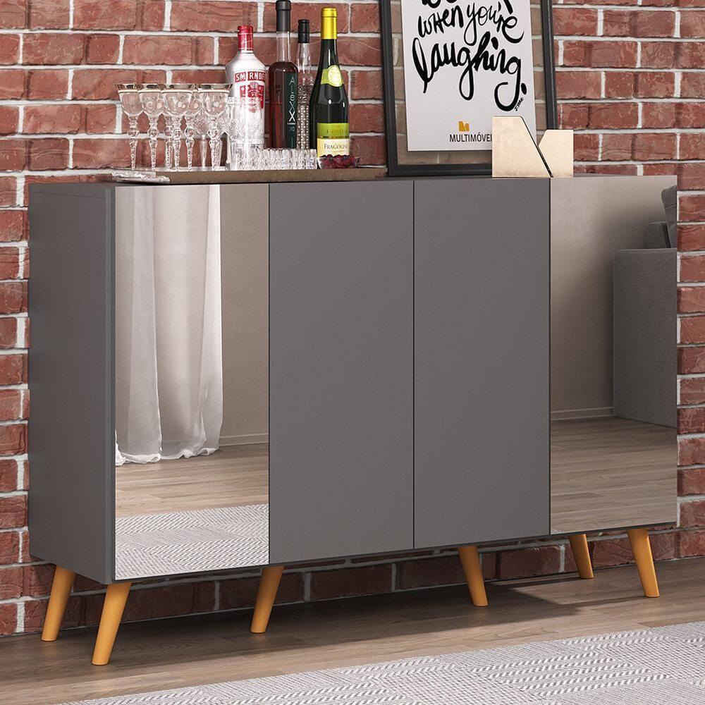 Aparador Buffet 4 Portas Com Espelho Retrô Vegas Multimóveis V3562 Grafite/natural Grafite/natural - 6