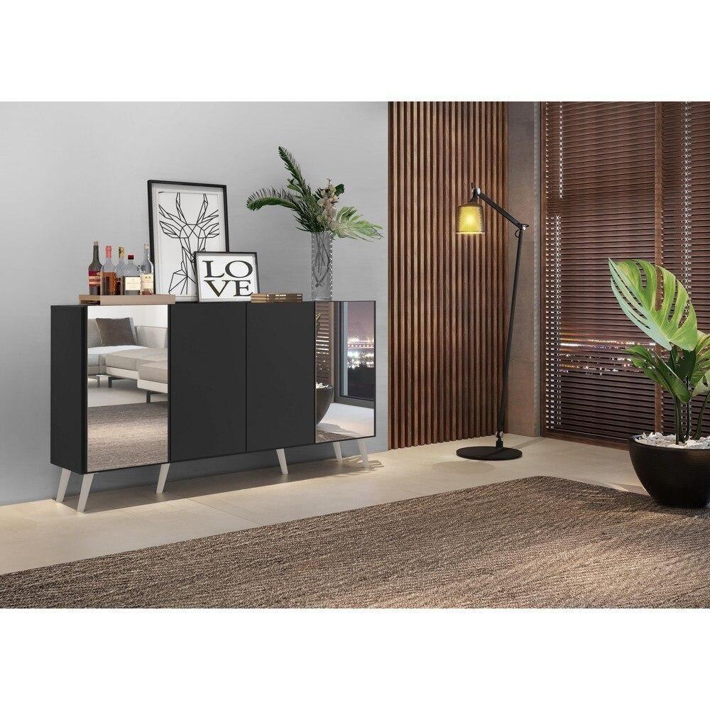 Aparador Buffet 4 Portas Com Espelho Retrô Vegas V3562 Preto/Branco Preto/Branco - 2