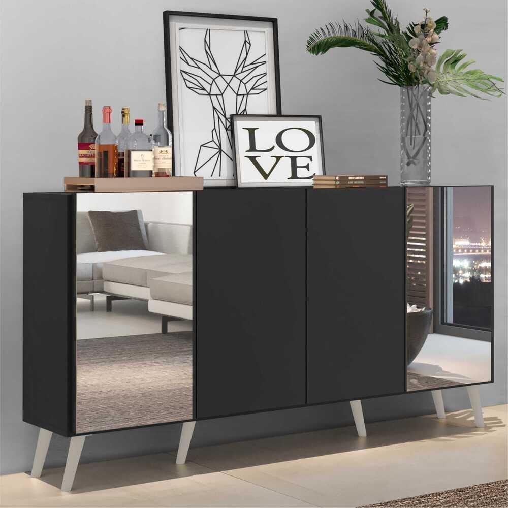 Aparador Buffet 4 Portas Com Espelho Retrô Vegas V3562 Preto/Branco Preto/Branco - 7