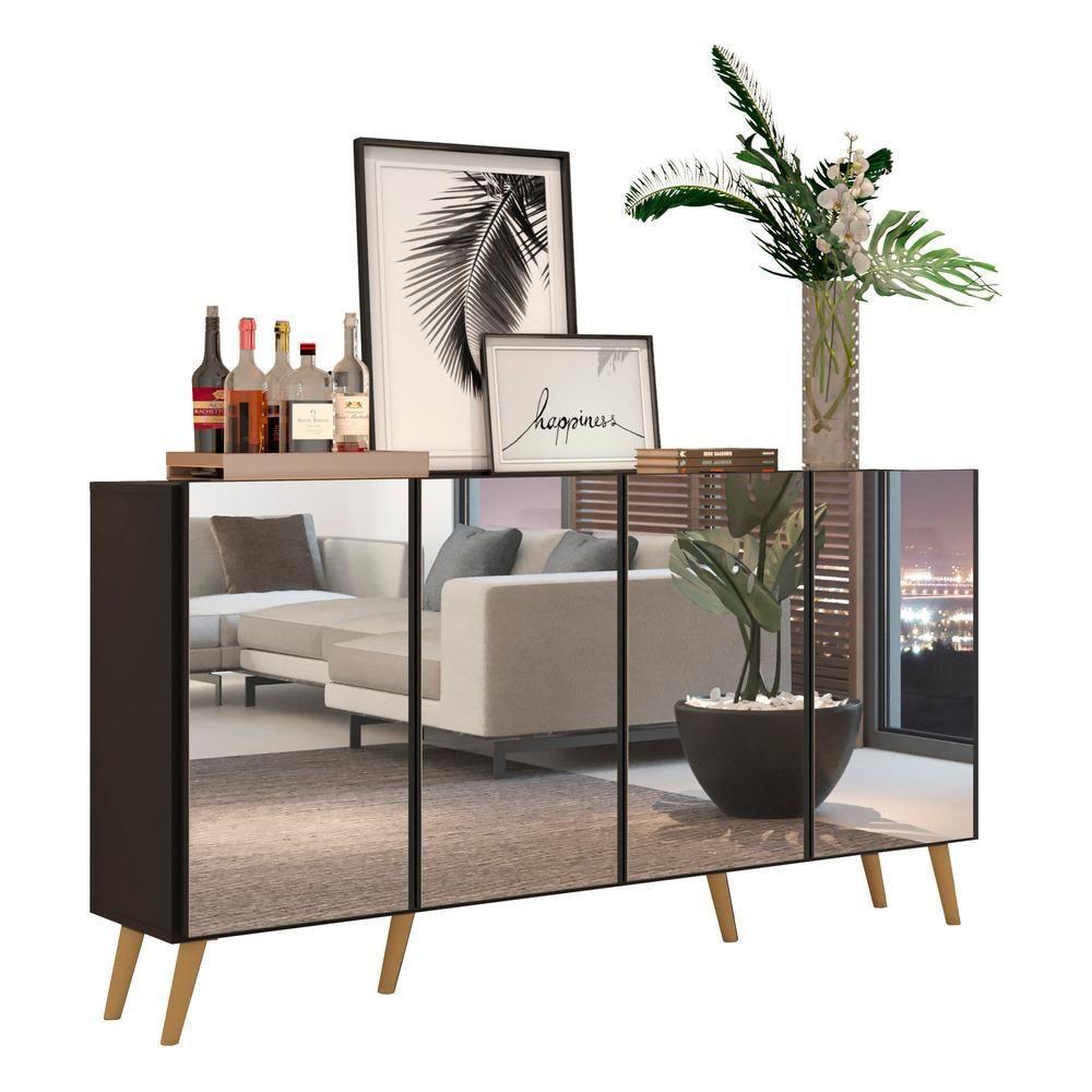 Aparador Buffet 4 Portas com Espelho E Pés Preto/natural - 1