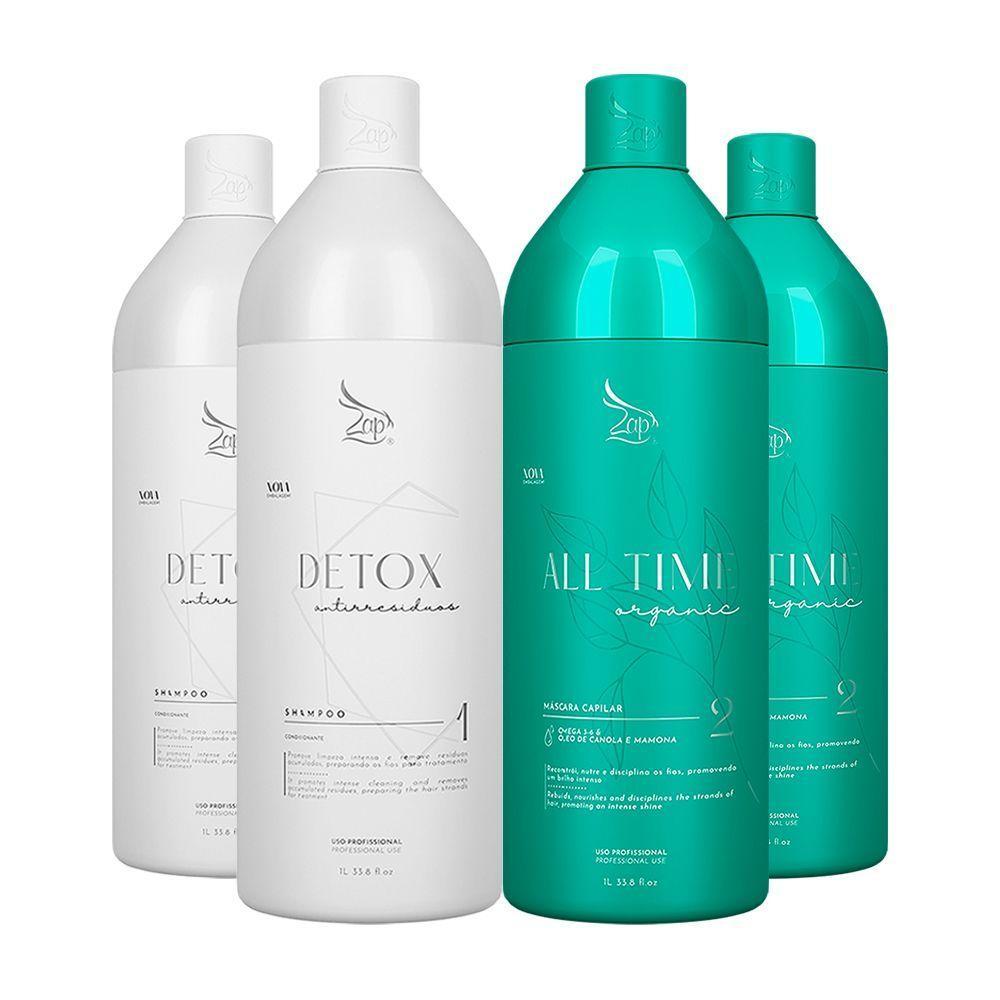 Kit 2 Escovas Progressivas Zap All Time Orgânica + 2 Shampoos Detox 1 Litro - 1