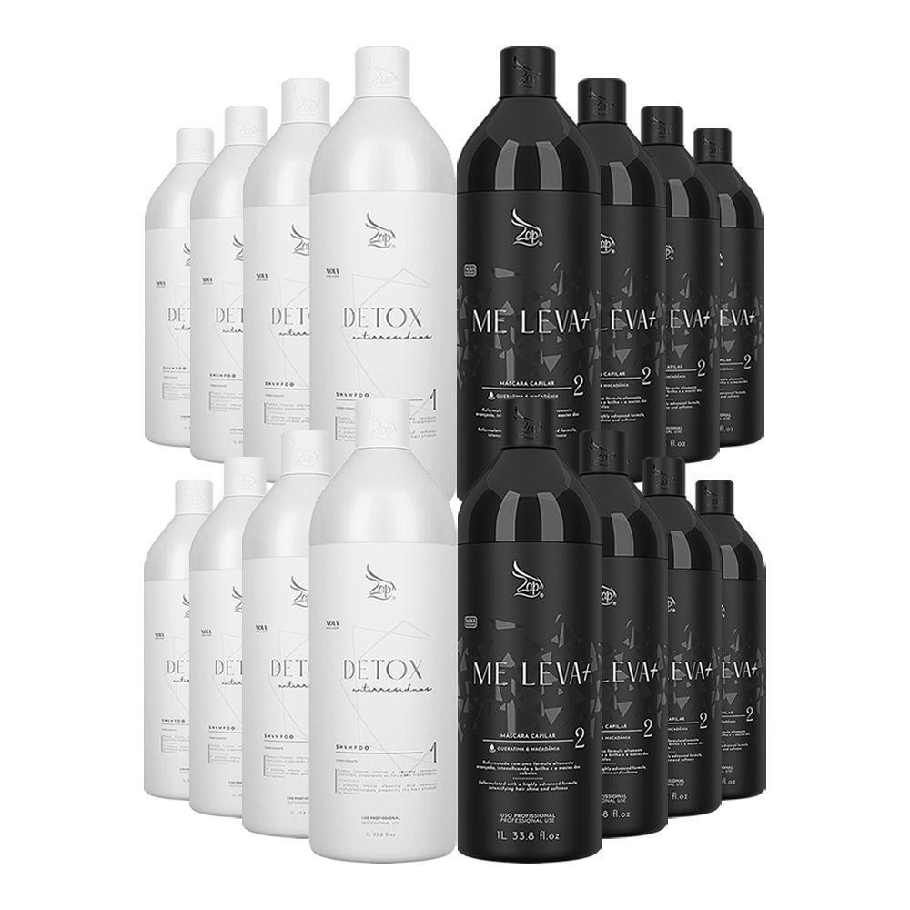 Kit 8 Escovas Progressivas Zap Me Leva Black + 8 Shampoos Detox 1 Litro - 1