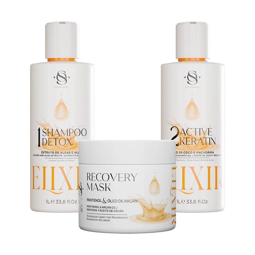 Kit Escova Progressiva S&o Active Keratin Elixir + Shampoo Detox 1l + Máscara Recovery Elixir 500g - 1