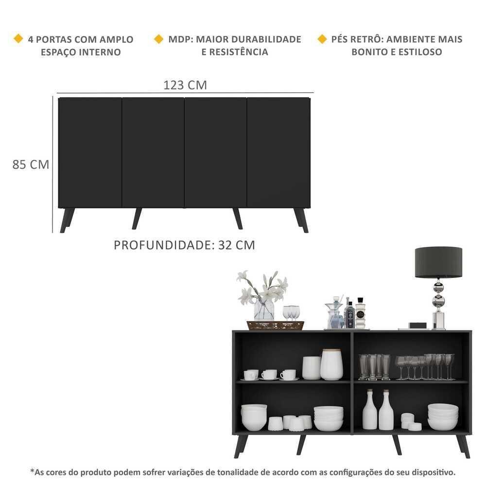 Aparador Buffet 4 Portas com Pés Retrô Preto - 3