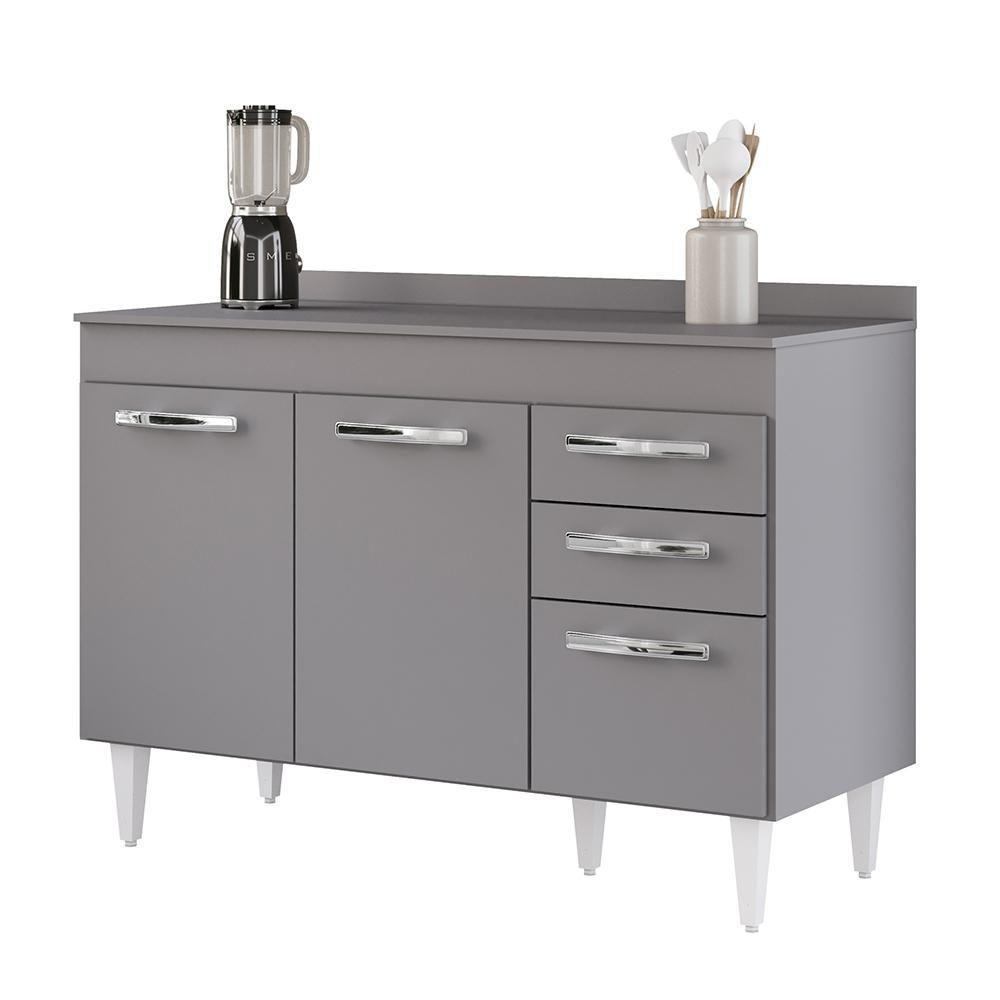 Balcão Gabinete Para Pia 120cm 3 Portas Com Tampo Suécia Cinza - Lumil - 1