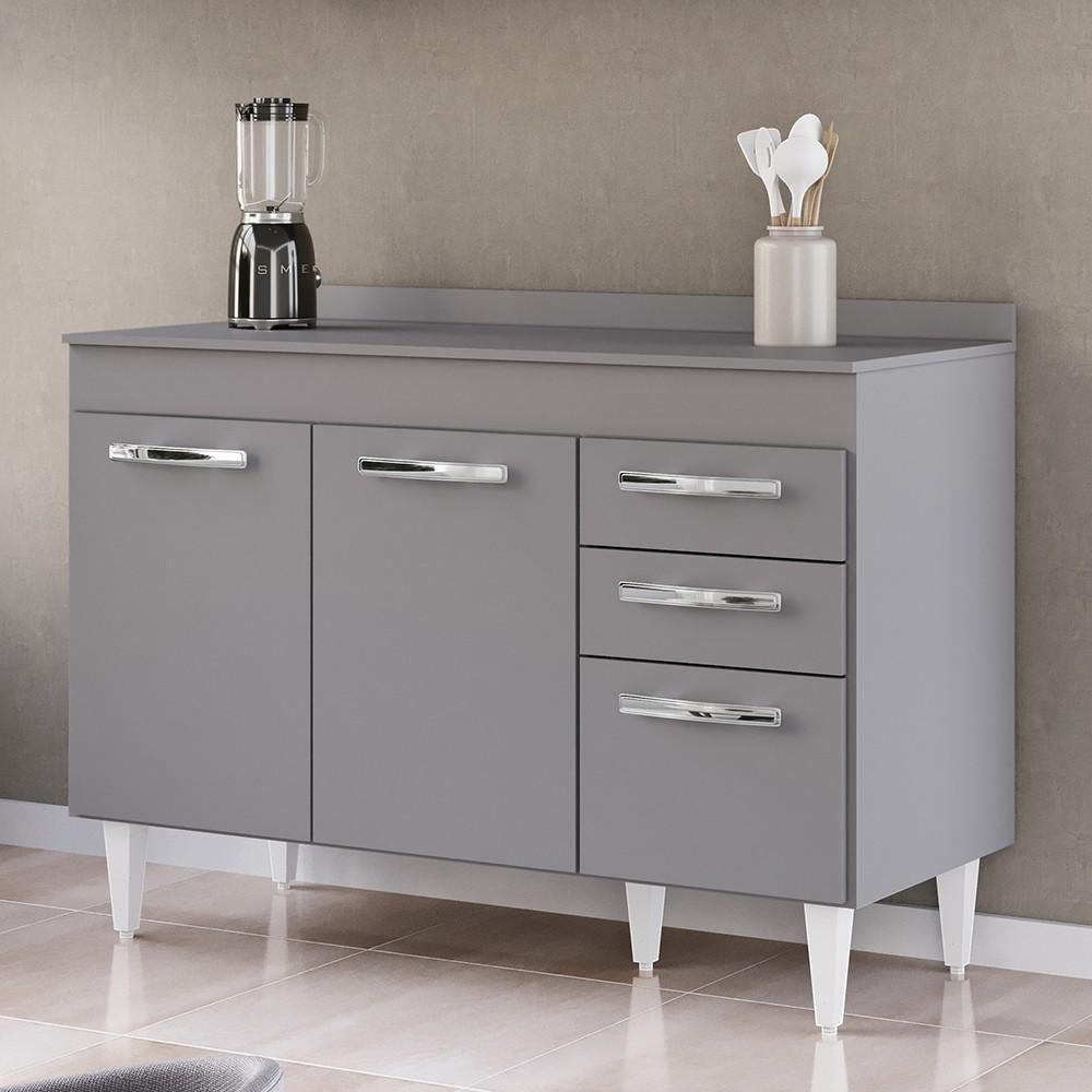 Balcão Gabinete Para Pia 120cm 3 Portas Com Tampo Suécia Cinza - Lumil - 2