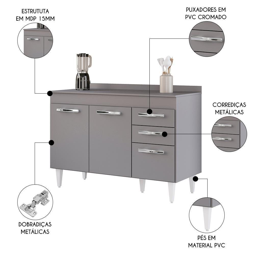Balcão Gabinete Para Pia 120cm 3 Portas Com Tampo Suécia Cinza - Lumil - 3