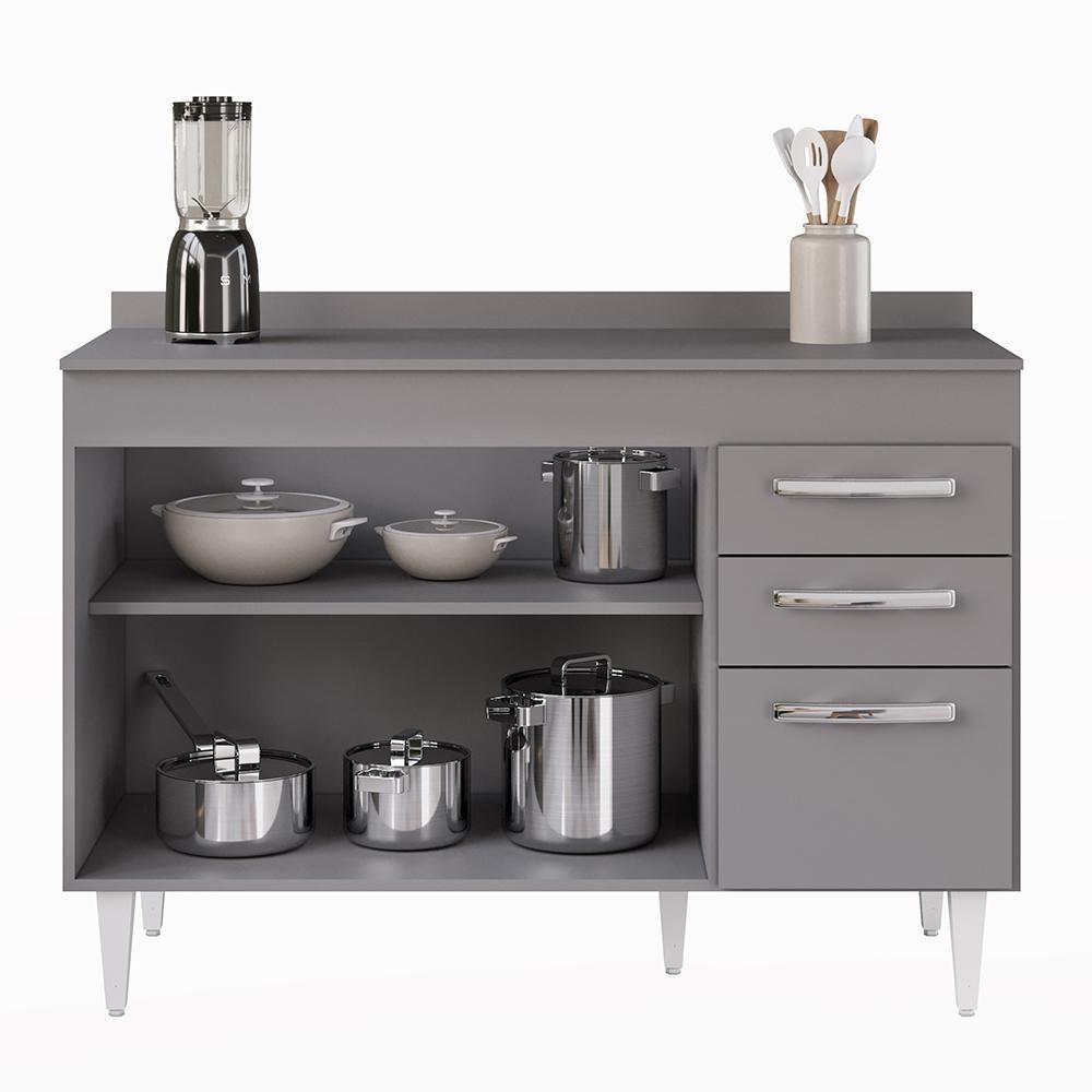 Balcão Gabinete Para Pia 120cm 3 Portas Com Tampo Suécia Cinza - Lumil - 6