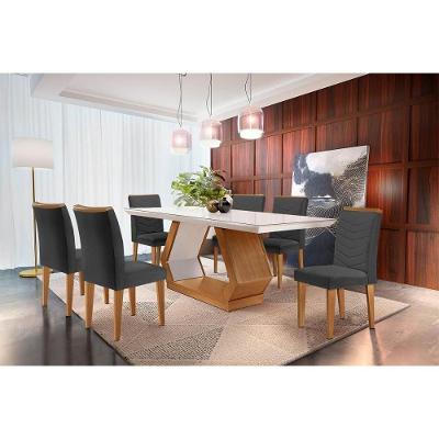 Sala De Jantar Completa Alvorada Tampo Madeirado C- Vidro Canto Reto 180x90cm E 6 Cadeiras Londrina Imbuia-off White - Linho Grafite - Rufato