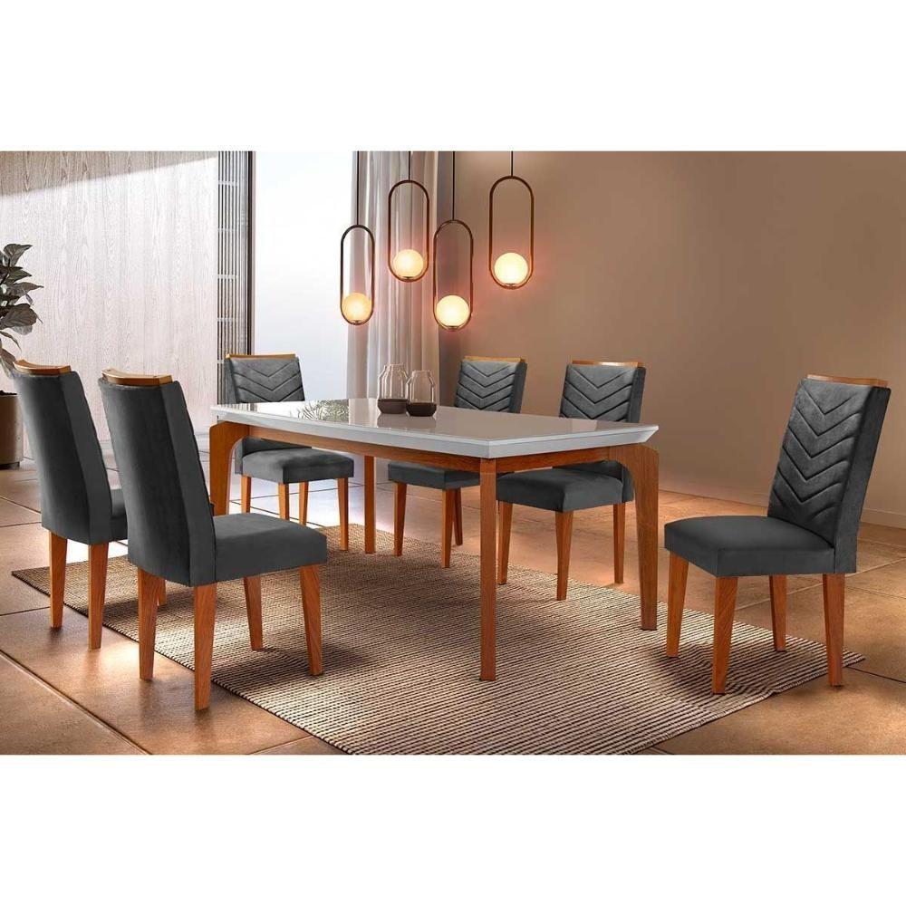 Conjunto Mesa De Cozinha Londrina Tampo Madeirado Com Vidro 180x90cm E 6 Cadeiras Londrina Imbuia Grafite Rufato - 1
