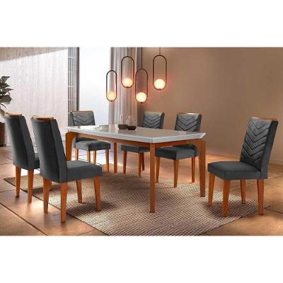Conjunto Mesa Sala Jantar Londrina Tampo Madeirado Com Vidro 180x90cm E 6 Cadeiras Londrina Imbuia Grafite Rufato