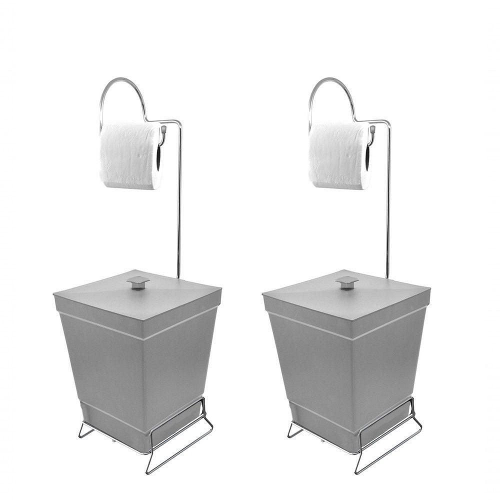 Kit 2 Lixeiras Com Suporte De Papel Higiênico - Stolf Cinza + Cinza - 1