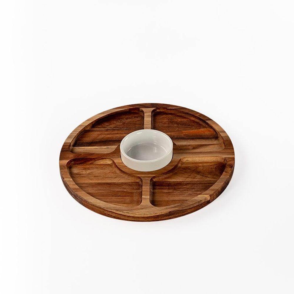 Petisqueira Redonda Queijos Madeira 5 Divisões Com Pote Molheira - Stolf - 1