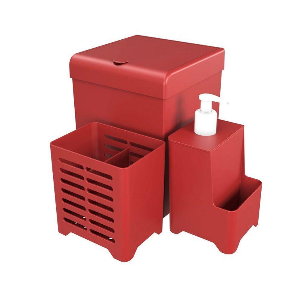 Kit Pia 3 Peças Lixeira Dispenser Porta Talher Cozinha - Stolf Vermelho - 1