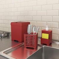 Kit Pia 3 Peças Lixeira Dispenser Porta Talher Cozinha - Stolf Vermelho - 5