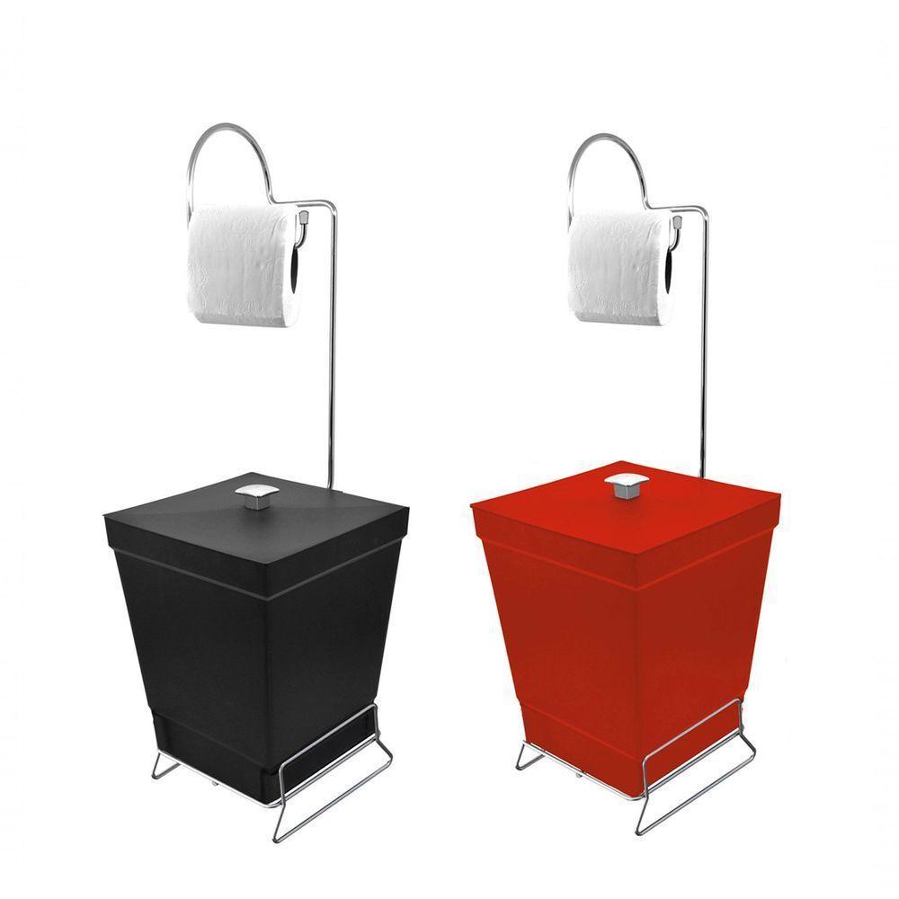 Kit 2 Lixeiras Com Suporte De Papel Higiênico - Stolf Preto + Vermelho - 1