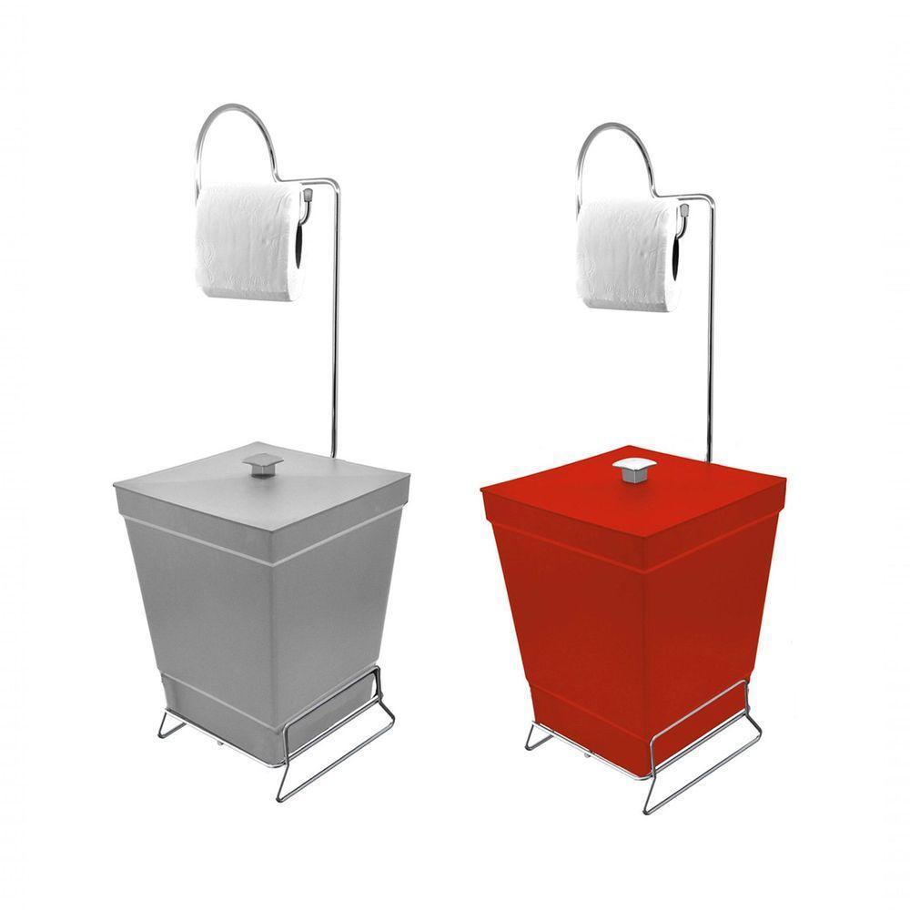 Kit 2 Lixeiras Com Suporte De Papel Higiênico - Stolf Cinza + Vermelha - 1