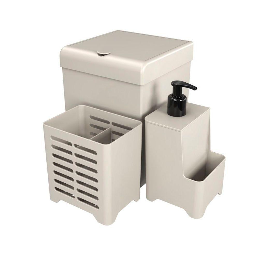 Kit Pia 3 Peças Lixeira Dispenser Porta Talher Cozinha - Stolf Areia - 1