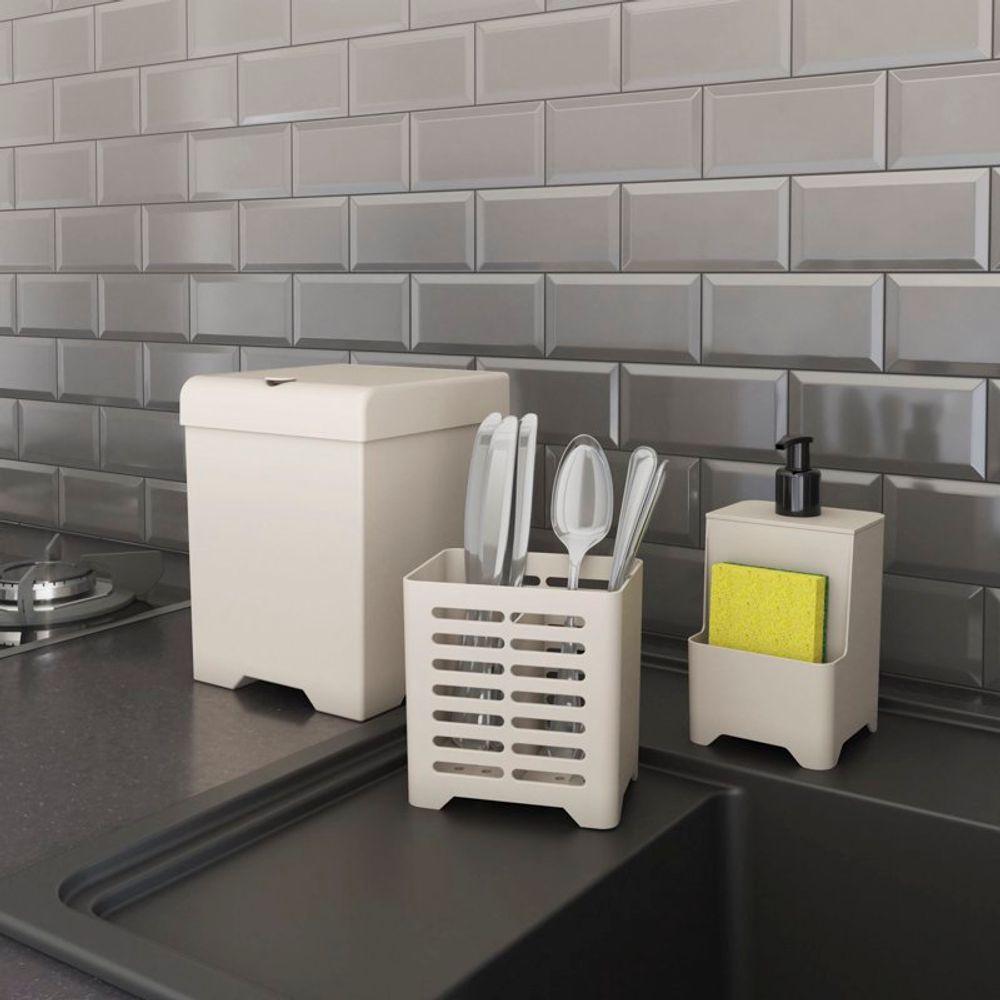 Kit Pia 3 Peças Lixeira Dispenser Porta Talher Cozinha - Stolf Areia - 4