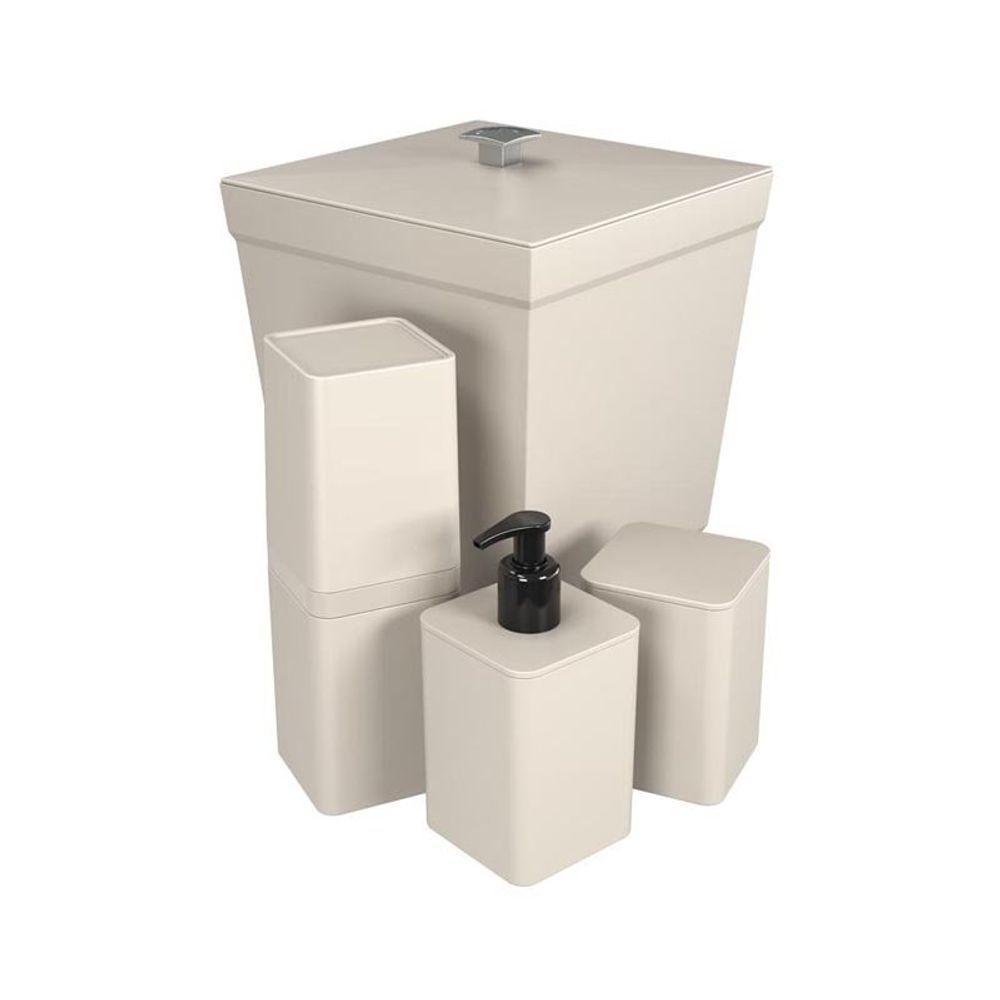 Kit Banheiro 4 Peças Lixeira Dispenser Porta Escova E Porta Algodão - Stolf Areia - 1