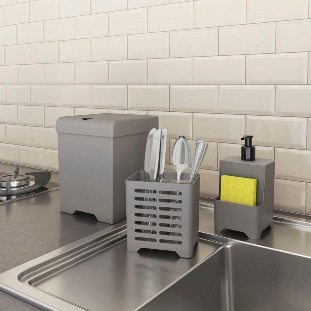Kit Pia 3 Peças Lixeira Dispenser Porta Talher Cozinha - Stolf Cinza - 5