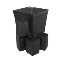 Kit Banheiro 4 Peças Lixeira Dispenser Porta Escova E Porta Algodão - Stolf Preto - 1