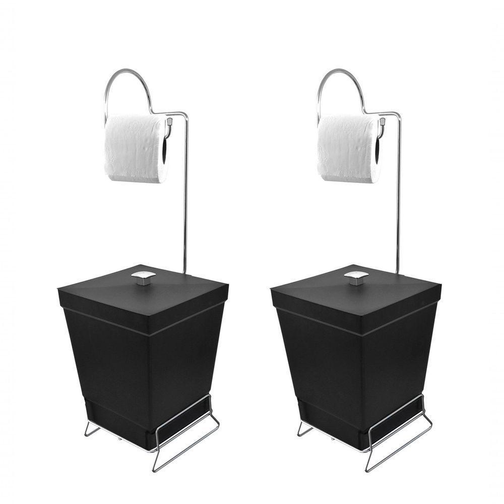 Kit 2 Lixeiras Com Suporte De Papel Higiênico - Stolf Preto + Preto - 1