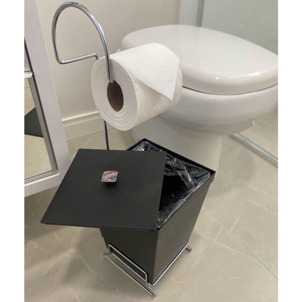Kit 2 Lixeiras Com Suporte De Papel Higiênico - Stolf Preto + Preto - 3