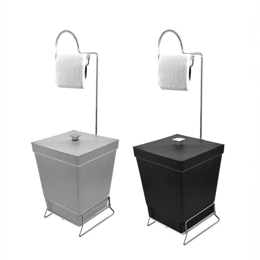 Kit 2 Lixeiras Com Suporte De Papel Higiênico - Stolf Preto + Cinza - 1