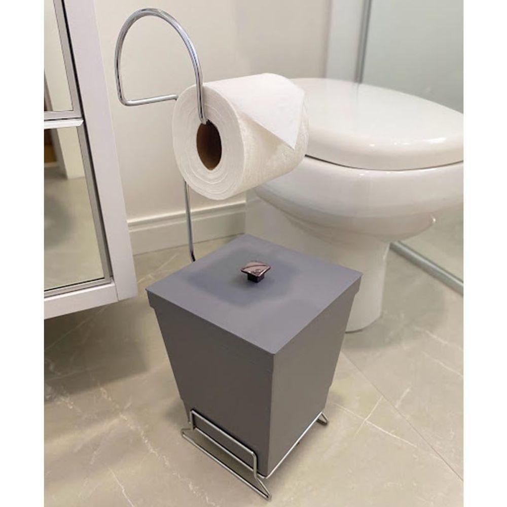 Kit 2 Lixeiras Com Suporte De Papel Higiênico - Stolf Preto + Cinza - 2