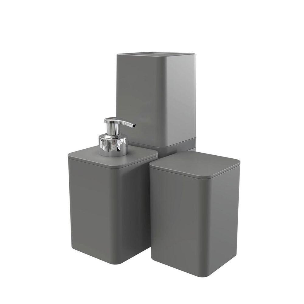 Kit Banheiro Com Porta Algodão Escovas E Sabonete Líquido - Stolf Cinza - 1