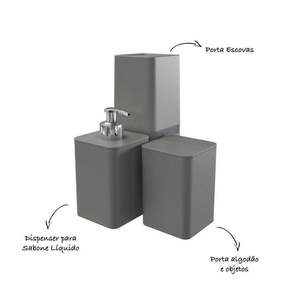 Kit Banheiro Com Porta Algodão Escovas E Sabonete Líquido - Stolf Cinza - 2