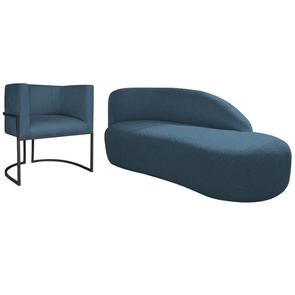 Kit Divã Luna 140cm Lado Direito E 01 Poltrona Base De Ferro Preto Linho Cor Azul Royal - 1
