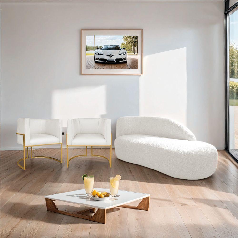 Kit Divã Luna 185cm Lado Direito E 02 Poltronas Base De Ferro Dourado Bouclé Cor Branco Tx - 2