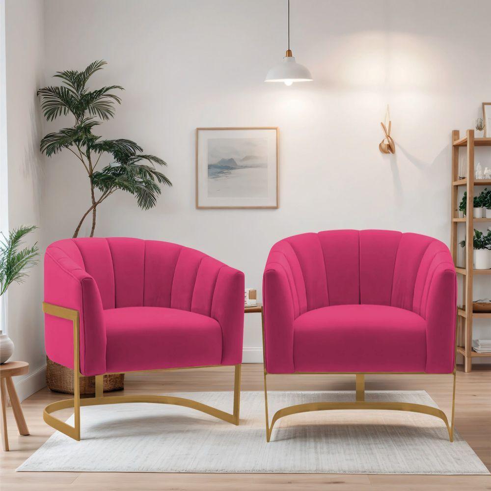 Kit 2 Poltronas Decorativas Sala De Estar Recepção Mavie Base De Ferro Dourado Suede - Amarena Móveis Cor Pink - 2