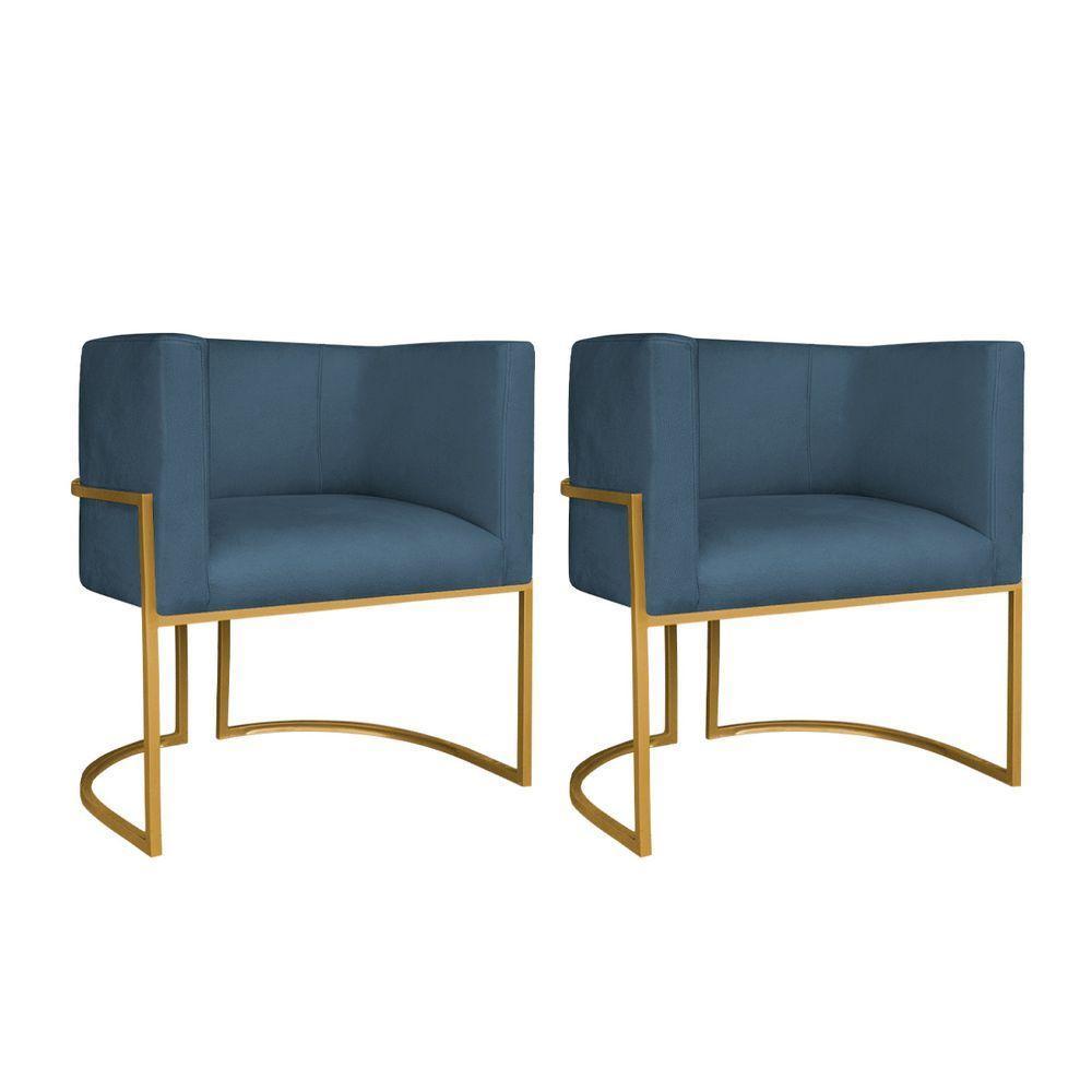 Kit 02 Poltronas Decorativas Luna Base De Ferro Dourado Linho Cor Azul Royal - 1