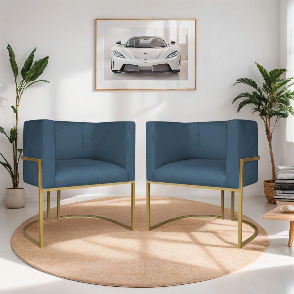 Kit 02 Poltronas Decorativas Luna Base De Ferro Dourado Linho Cor Azul Royal - 4