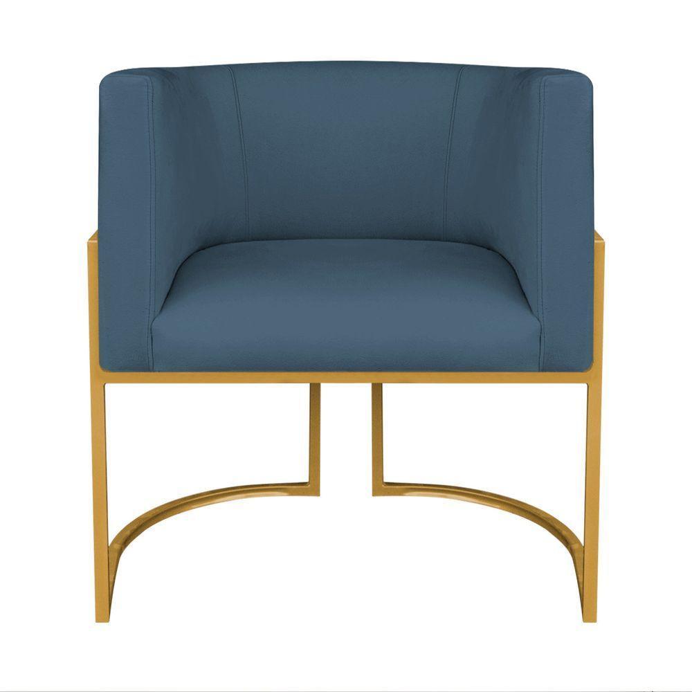 Kit 02 Poltronas Decorativas Luna Base De Ferro Dourado Linho Cor Azul Royal - 7