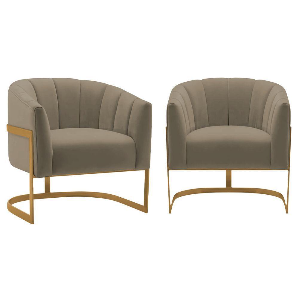 Kit 2 Poltronas Decorativas Sala De Estar Recepção Mavie Base De Ferro Dourado Suede - Amarena Móveis Cor Cappuccino - 1