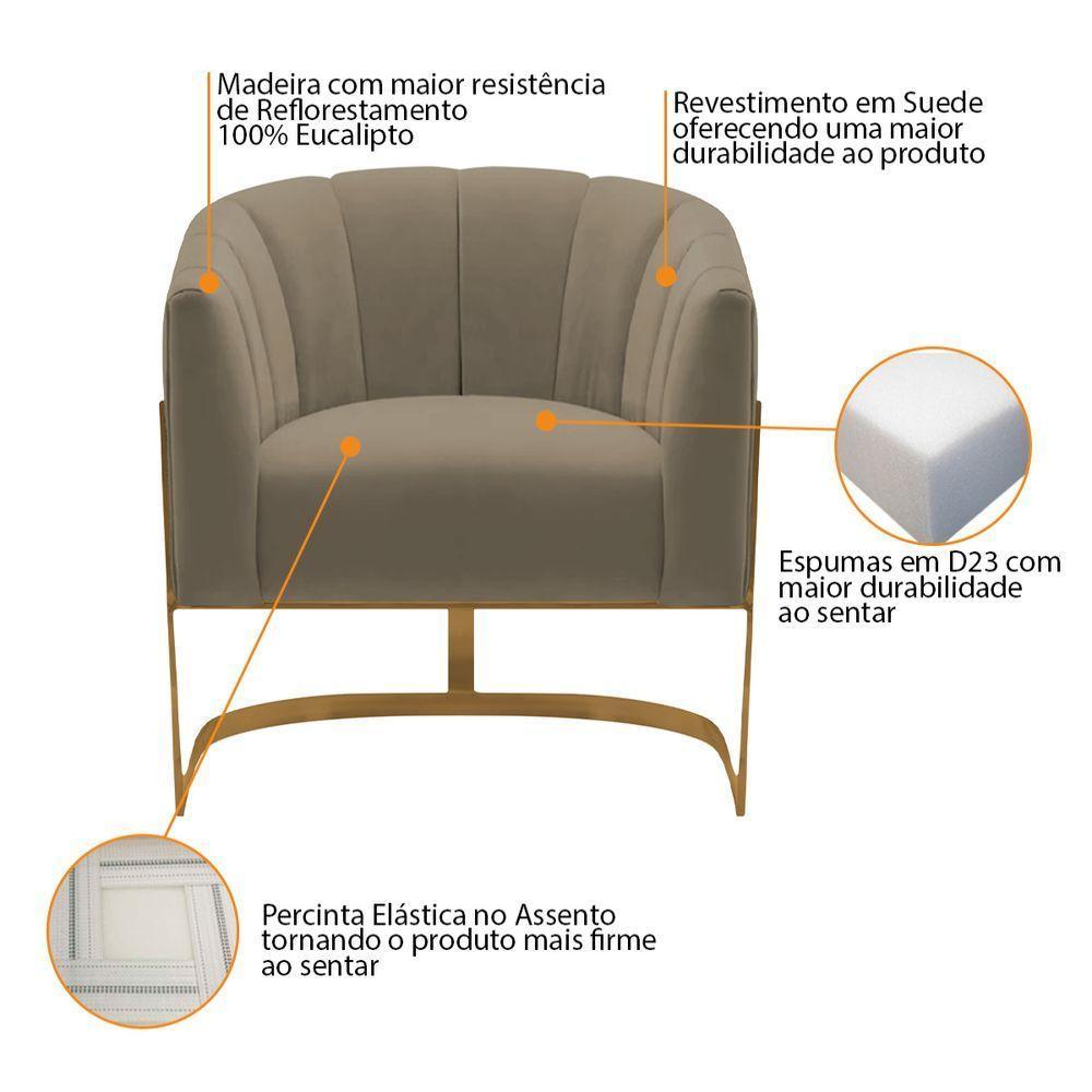 Kit 2 Poltronas Decorativas Sala De Estar Recepção Mavie Base De Ferro Dourado Suede - Amarena Móveis Cor Cappuccino - 8