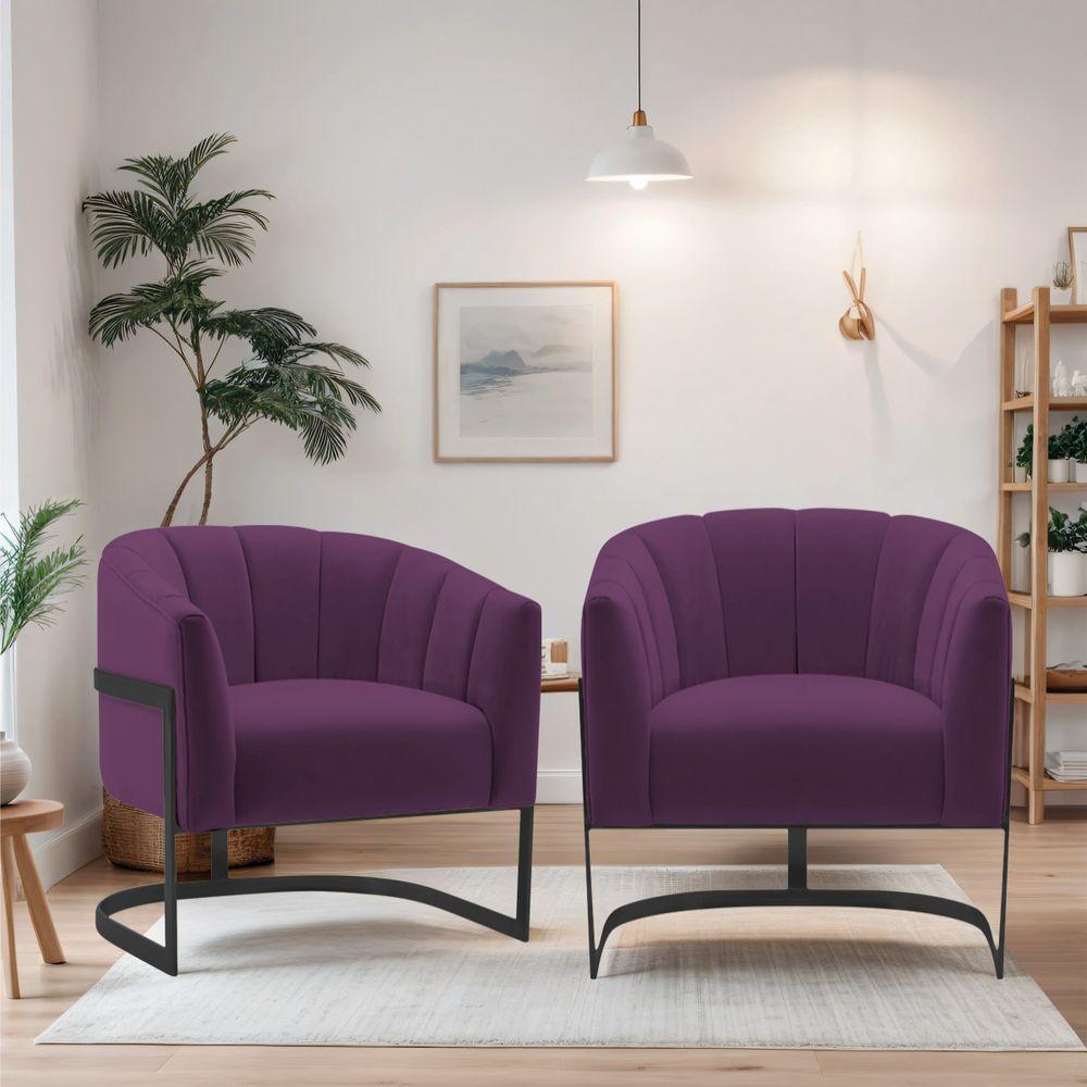Kit 2 Poltronas Decorativas Sala De Estar Recepção Mavie Base De Ferro Preto Suede - Amarena Móveis Cor Roxo - 4