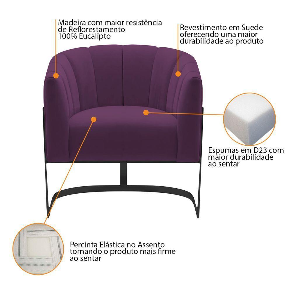 Kit 2 Poltronas Decorativas Sala De Estar Recepção Mavie Base De Ferro Preto Suede - Amarena Móveis Cor Roxo - 7