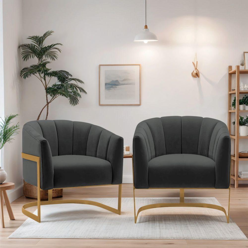 Kit 2 Poltronas Decorativas Sala De Estar Recepção Mavie Base De Ferro Dourado Suede - Amarena Móveis Cor Cinza Escuro - 4